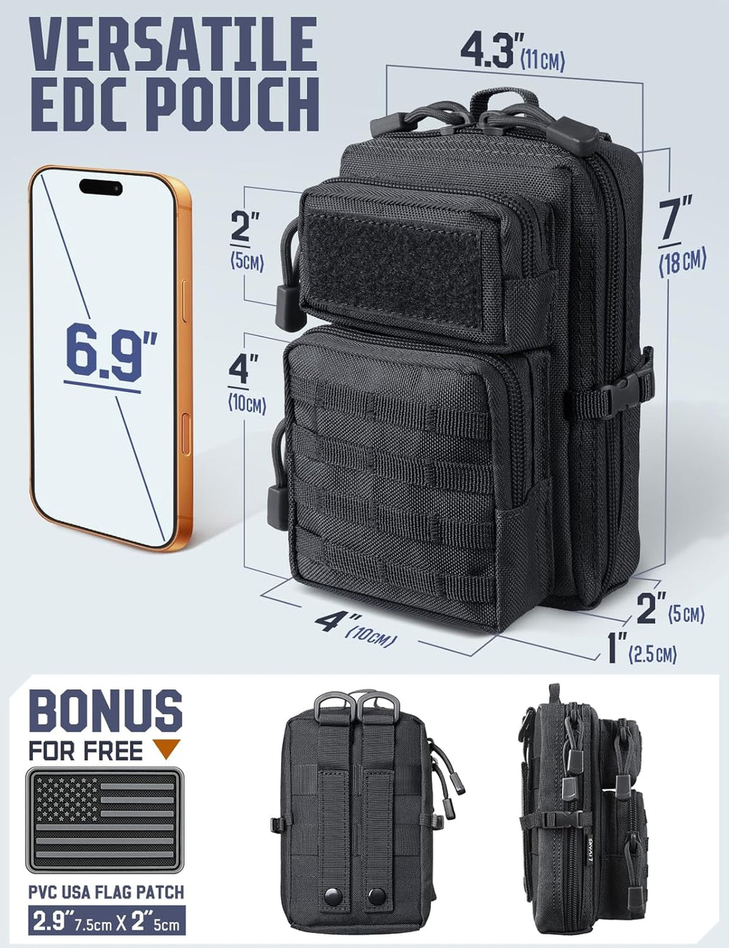 Skiennix Tactical EDC Pouch - 2 Pack Utility Phone Holder for Duty Belt, Backpack, Vest | Includes 2 US Flag Patches
