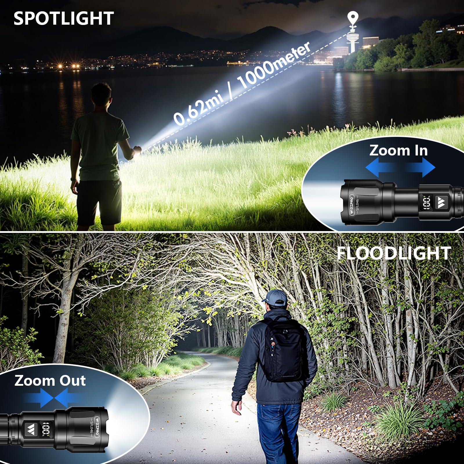 Wdtpro LED Rechargeable Flashlight 2Pack, 3Modes Super Bright High Lumens Flashlights, Zoomable Tactical Flashlight with LCD Display, IP65 Waterproof Flashlights for Home Emergency Camping & Gifts Men