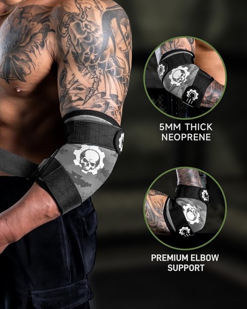 MANUEKLEAR 5mm Neoprene Weight Lifting Elbow Sleeves for Men (1 Pair), Elbow Sleeves Weightlifting Men with 2 Adjustable Compression Straps for Bench and Powerlifting & Weightlifting (Slate Grey, L (10.2-11in))