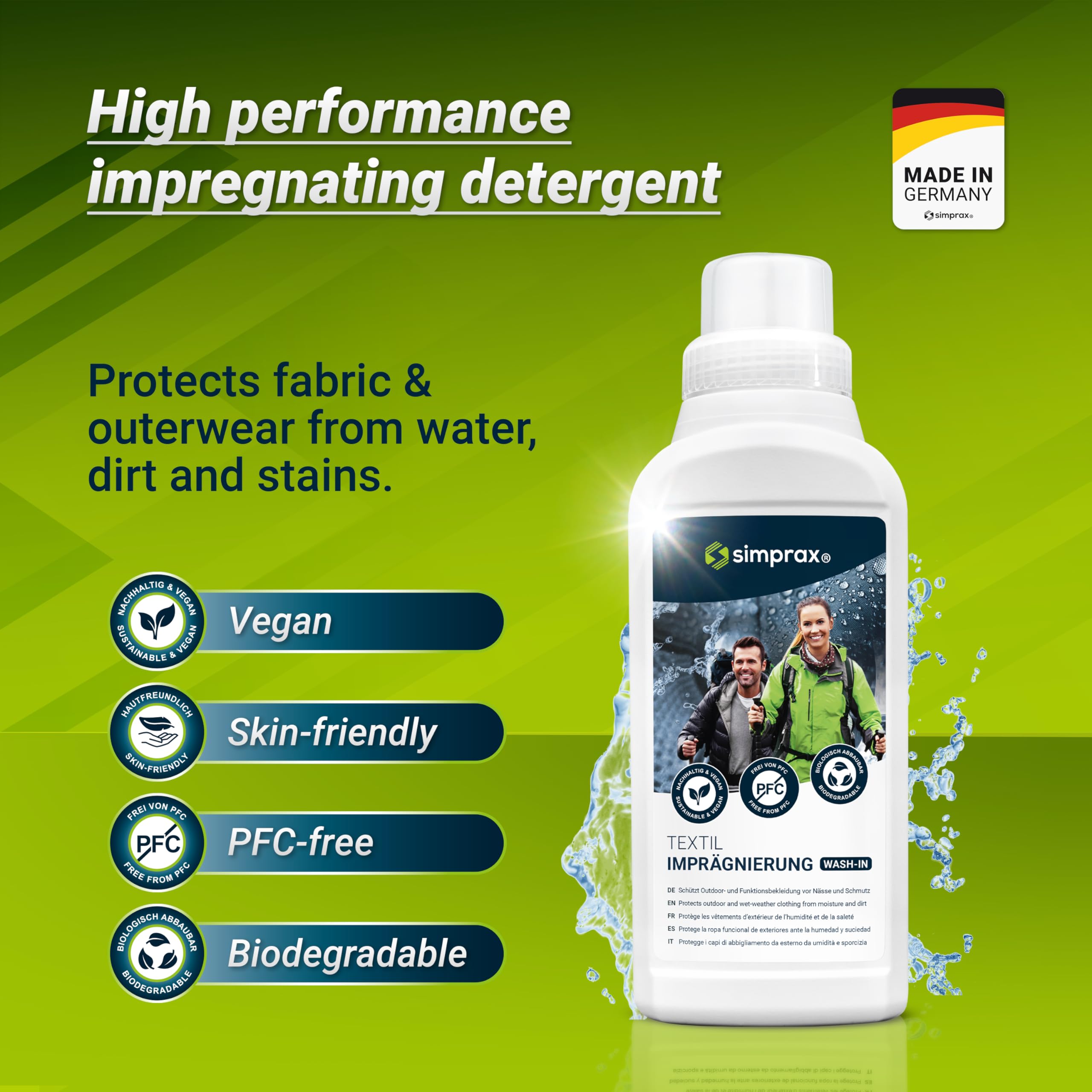 simprax® WaterproofingTextile Wash-In Impregnation – Climate-Neutral & Eco-Friendly Waterproofing for Fabric Outdoor Made In Germany | Waterproofing Spray for Washing Machine & Hand Wash