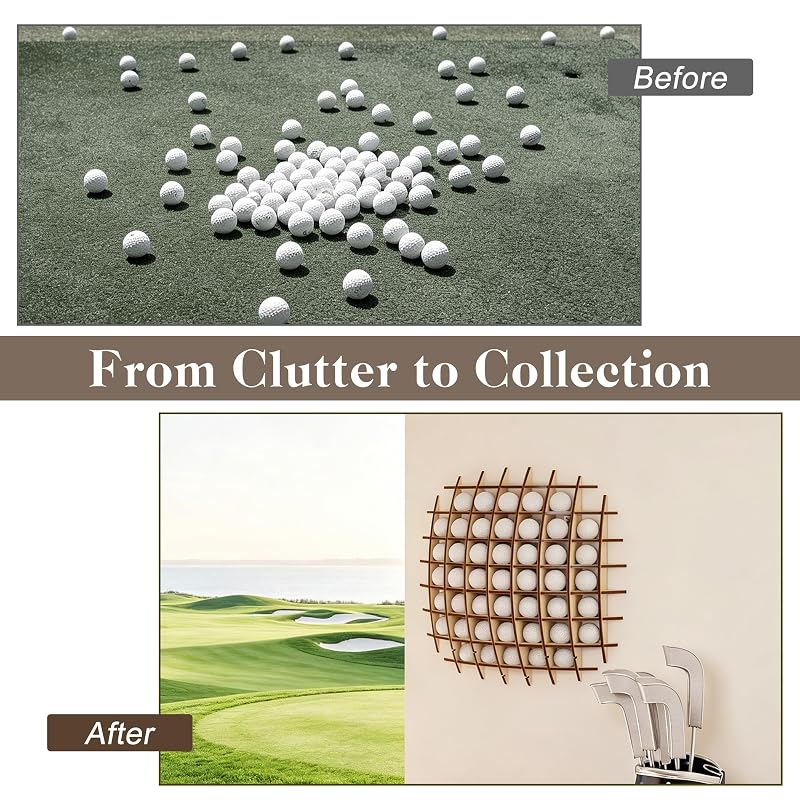 Wall-Mounted Golf Ball Display Case, 52-Ball Wooden Holder Rack