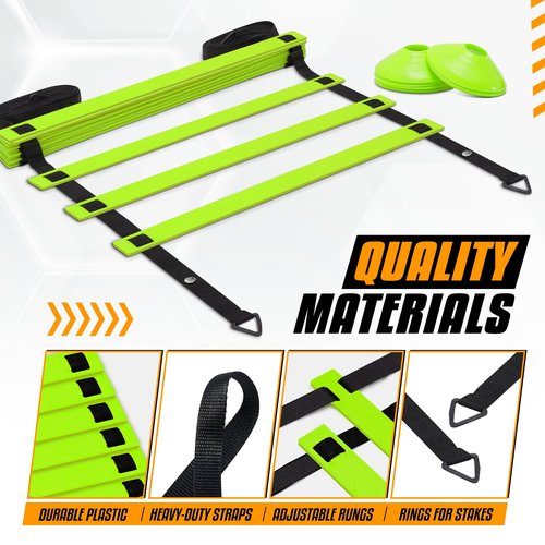 Yes4All Agility Ladder – Adjustable Speed & Agility Training Equipment for All Ages, Durable Speed Ladder, Multiple Combo Sets Available, Lime, 12 Agility Cones, 4 Steel Stakes