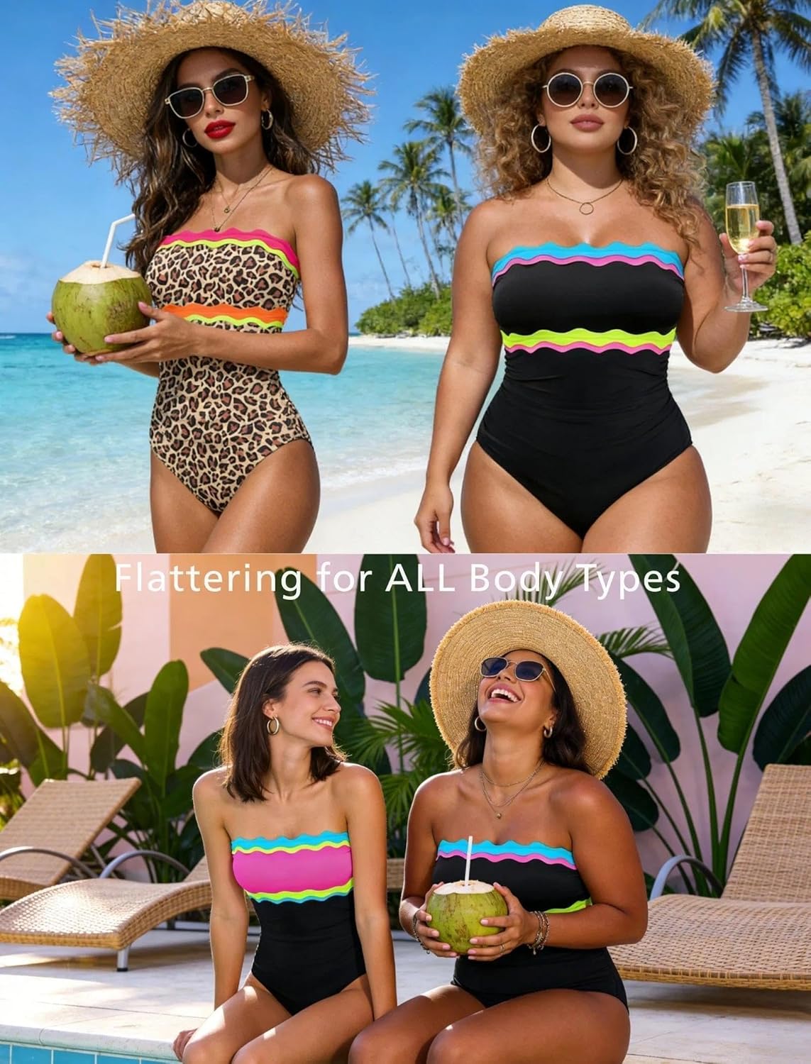 Popvil One Piece Swimsuit - Tummy Control Strapless Neon Bandeau Bathing Suit for Women