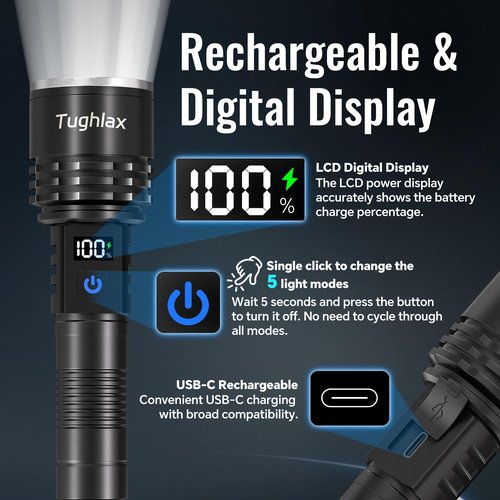 Tughlax Rechargeable Flashlights High Lumens, 90,000 Lumens Super Bright LED Flashlight Tactical Flashlight with LCD Digital Display, 5 Modes Zoomable Waterproof Powerful Handheld Flashlight for Home