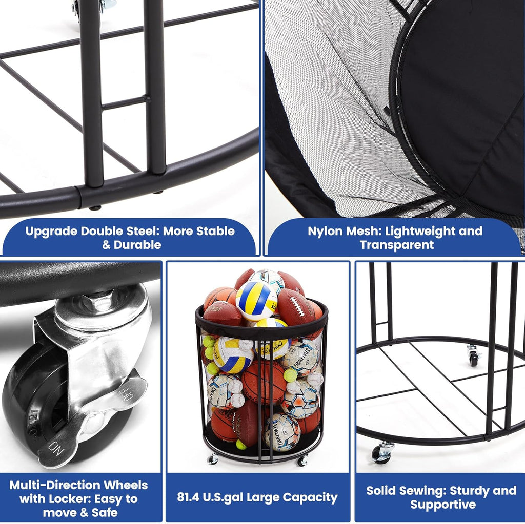 Skiennix Ball Storage Cart - Mobile Sports Ball Holder with Wheels for Basketball, Soccer, Garage & School