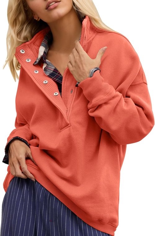 Gacaky Oversized Casual Sweatshirt - Long Sleeve Button Henley Neck Pullover for Women