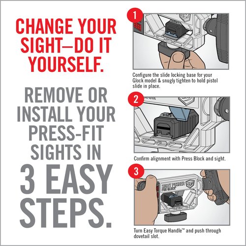 Real Avid Universal Glock Sight Pusher – Front & Rear Dovetail Sight Installation & Adjustment Tool – Works with Glock 19, 17, 43, 26, 22, 48 & More – Includes 2-in-1 Pin Punch & Nut Driver