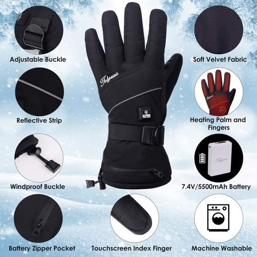 Telguua Heated Gloves for Women Men,Electric Rechargeable Heated Work Glove Ski Mitten Waterproof Touchscreen Heated Glove (Black, XS)