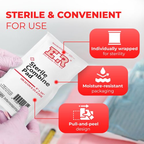 Sterile Combine (ABD) Pads 8" x 10" – Highly Absorbent Design for Large Wounds, Individually Wrapped for Easy Use, Ideal for First Aid Kits – 18 Count
