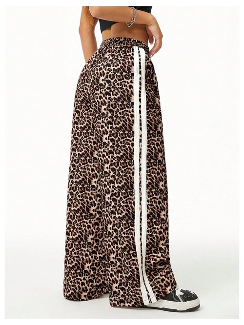 SHENHE Girl's Y2k Leopard Print Pants Wide Leg Baggy Side Stripe Cheetah Pants Trousers Brown 10 Years