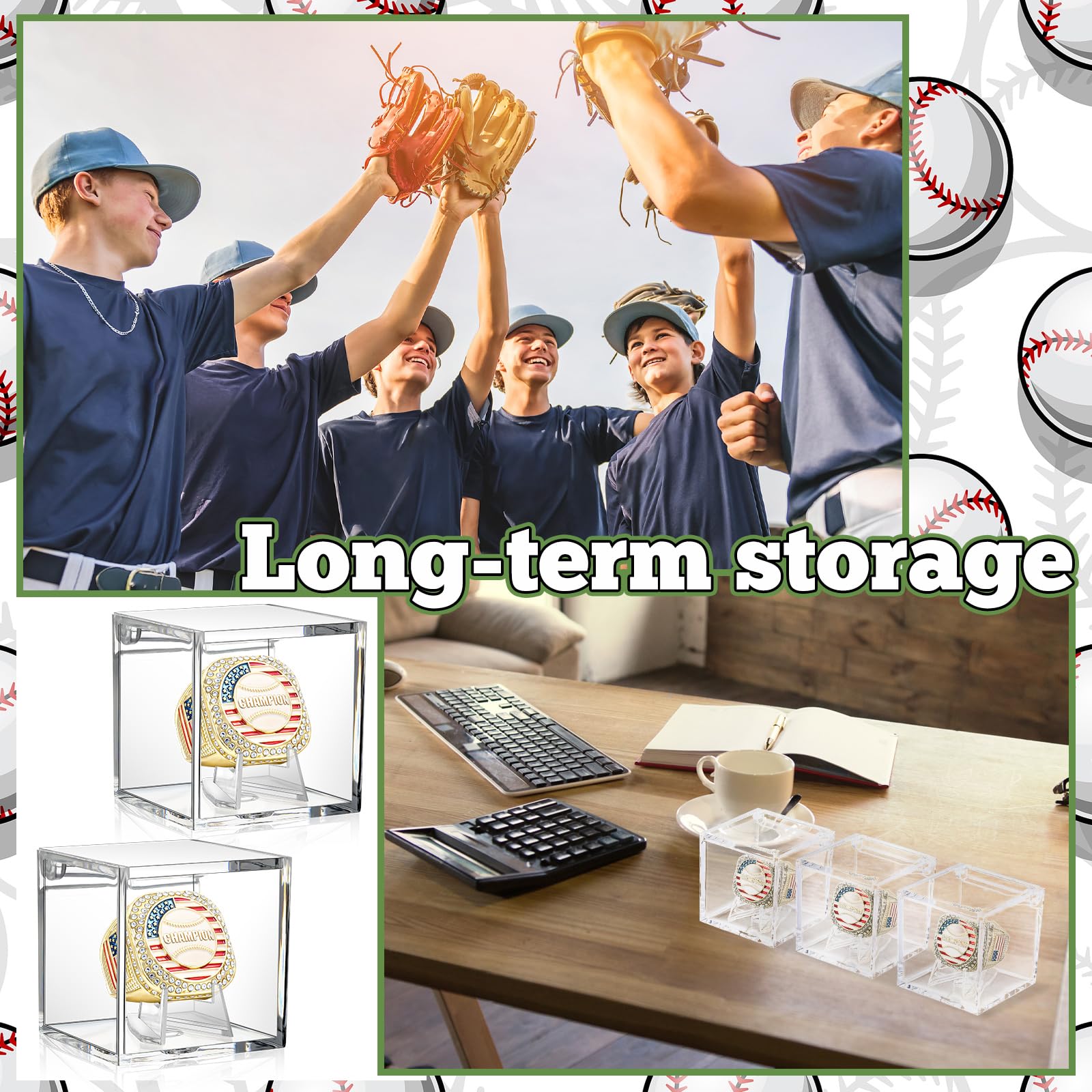 Landical 6 Set Baseball Championship Ring with Display Case and Stand Holder Championship Ring Case Acrylic Display Box and Holder Champion Trophy Rings for League Winner (Baseball,Gold)