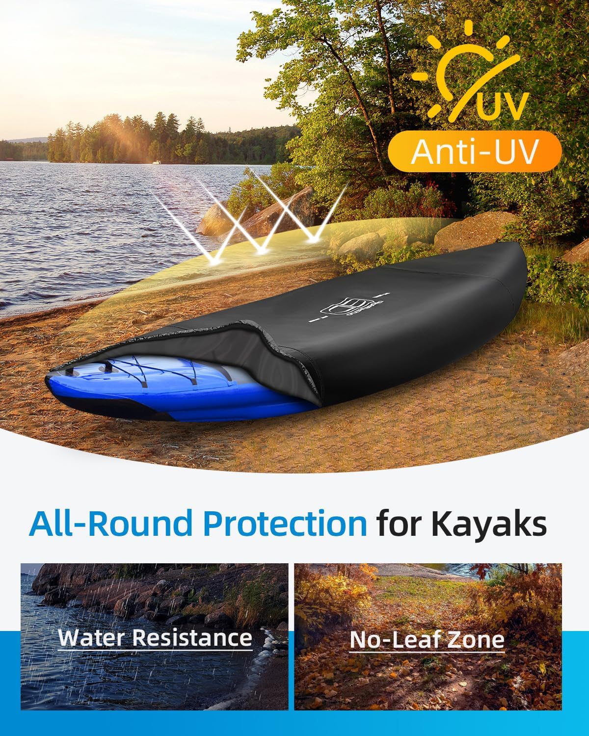 OCEANBROAD Kayak Cover - Water-Resistant & UV-Resistant Dust Protection for 9.3-10.5ft Kayaks | 300D Black