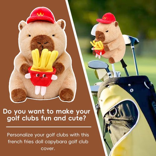 Capybara with Hat and French Fries Doll Golf Club Head Cover, Small Size Fits Hybird and Irons, Large Size Fits Standard 460cc Driver Head, Golf Driver Headcover Funny Plush Animals