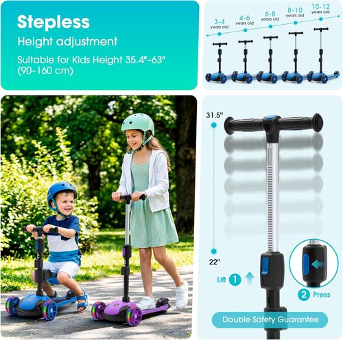 GLAMUP Kids Scooter - 2-in-1 Folding Kick Scooter with Adjustable Height & Safety Lock | 3-Wheel Design for Ages 3-14