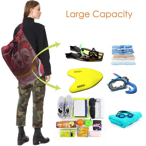 BeeGreen Mesh Drawstring Bag Swim Backpack for Beach Pool Sports Gym Draw String Cinch Bags for Swimming Soccer Basketball Gear Red