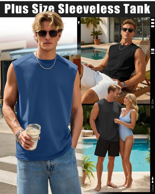 Ficerd 3 Pack Men's Sleeveless Tank Tops, Crewneck Casual Summer Tee Beach T Shirt Workout Run Gym Muscle Shirt(Black, Dark Gray, Denim Blue,X-Large)