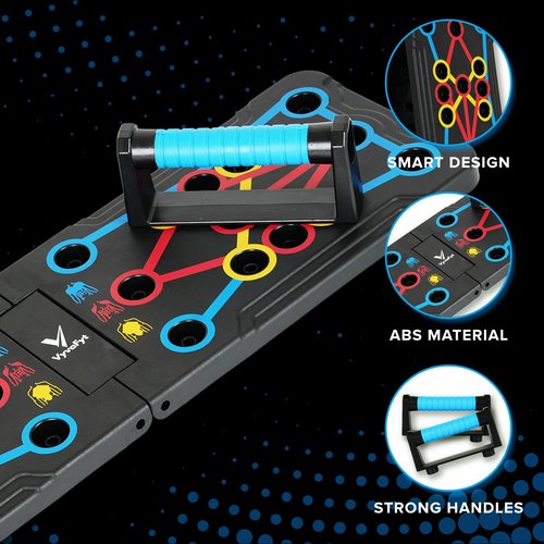 Vyva Fyt Solid Push-Up Board 15-in-1 Home Workout Equipment Multi-Functional Push Up bar Stand System for Chest, Arms, Strength Training, Muscle Building, Fat Burning Professional Fitness Equipment gym giff for Men & Women(Blue Handles)