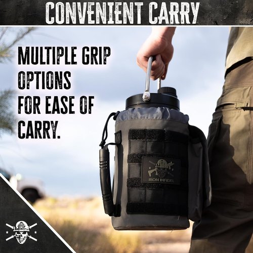 Iron Infidel Battle Bottle - 128 oz Insulated Tactical Water Jug with Dual Carry Handles & Rugged Sleeve