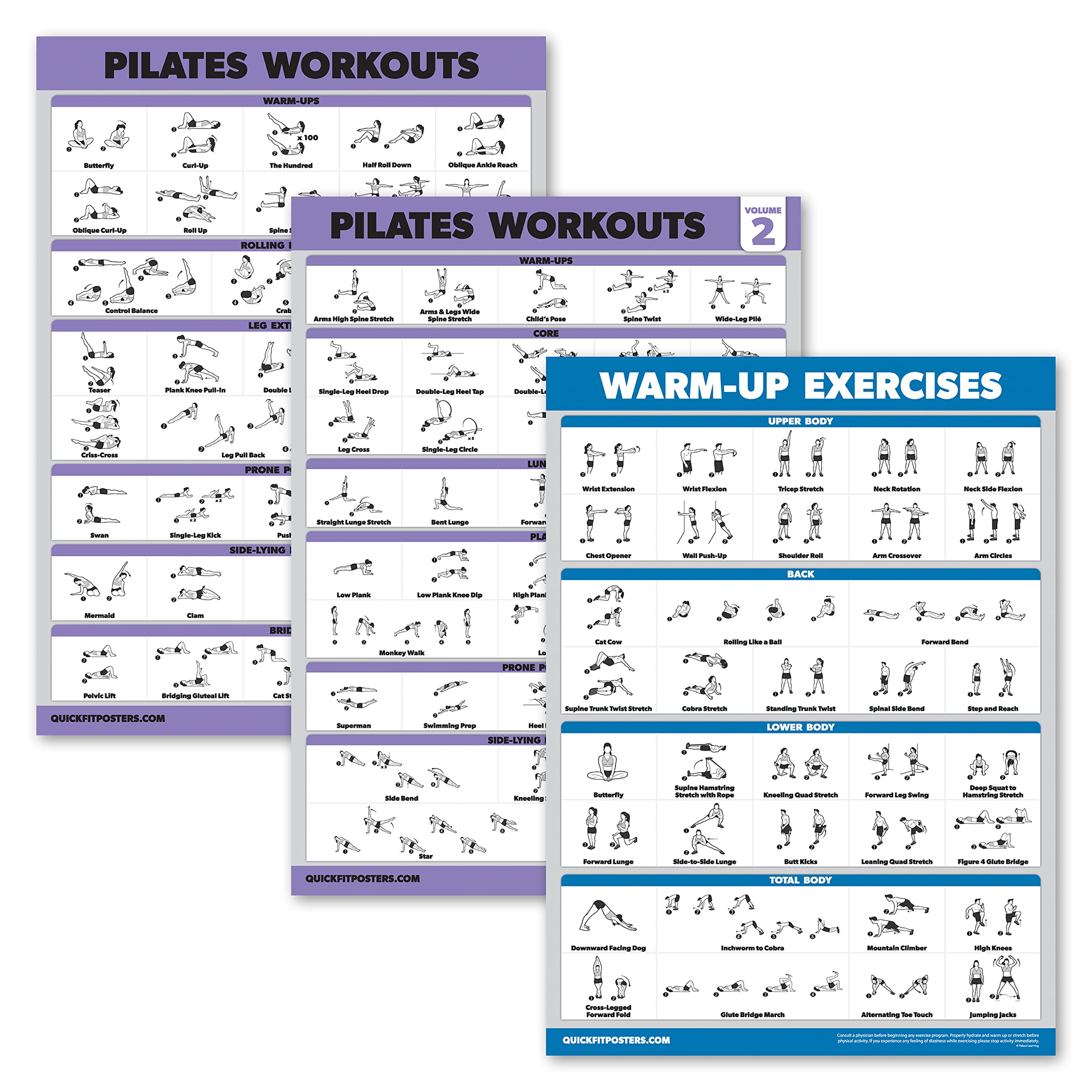Palace Learning 3 Pack - Pilates Workout Poster Set Volume 1 & 2 + Warm Up Routine - Pilates Mat Work Exercises - Fitness Charts (18" x 24", LAMINATED)