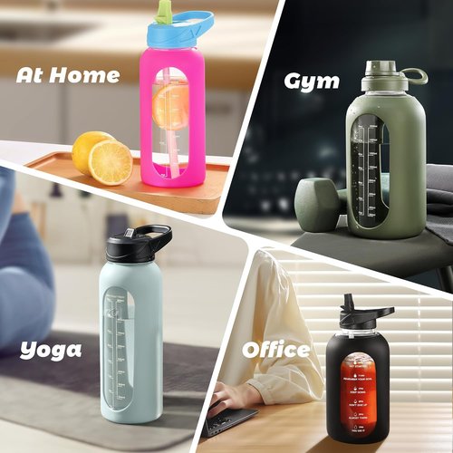 CIVAGO 24 oz Motivational Glass Water Bottle - Leakproof with Straw & Handle | Army Green