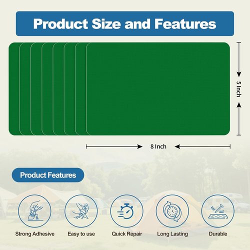 KING MOUNTAIN Self-Adhesive Nylon Fabric Repair Patch - Waterproof 5x8 Inch Kit for Quick Repairs | 8 Pcs in Grass Green