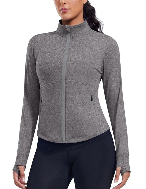 PINSPARK Zip Up Running Jackets for Womens Light Weight Slim Cropped Yoga Track Jackets with Thumb Holes Soft Athletic Golf Jackets Heather Grey Large
