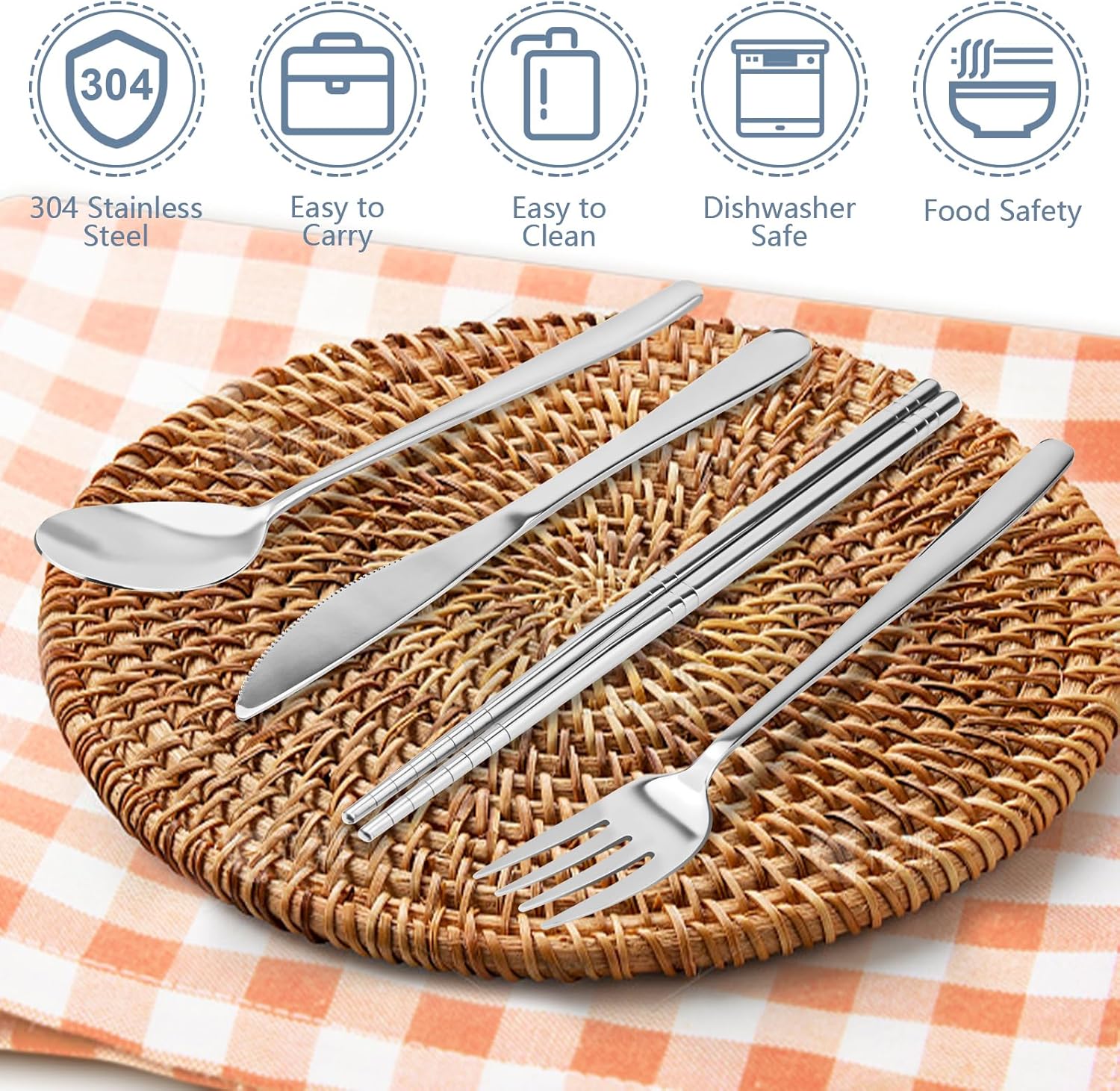 Rsiynax Portable Travel Utensils Set - Premium 304 Stainless Steel | 5-Piece Reusable Silverware in Silver