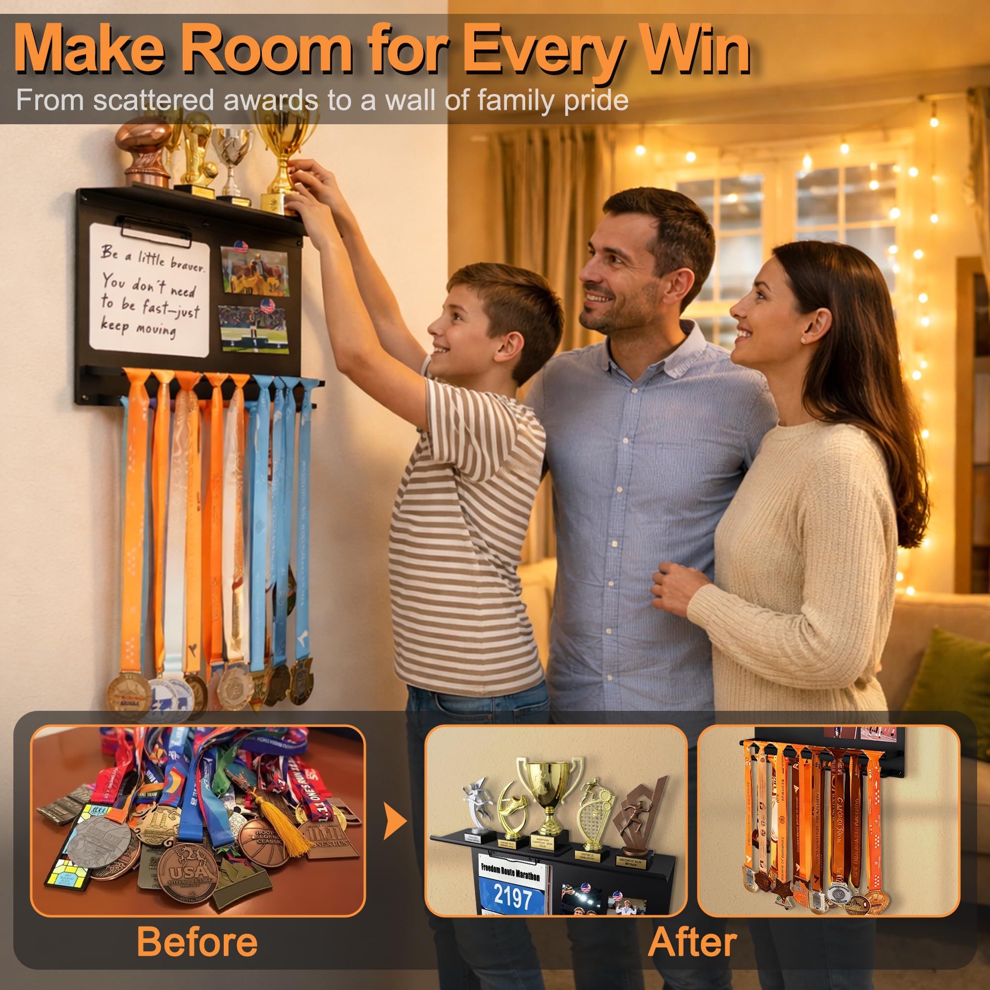 KWYADLUO Running Medal Hanger Display with Trophy Shelf, Race Bib Holder and Whiteboard, 2-Bar Medal Holder for 50+ Medals with Flag Magnets, Marker, Wall Mounted, Black