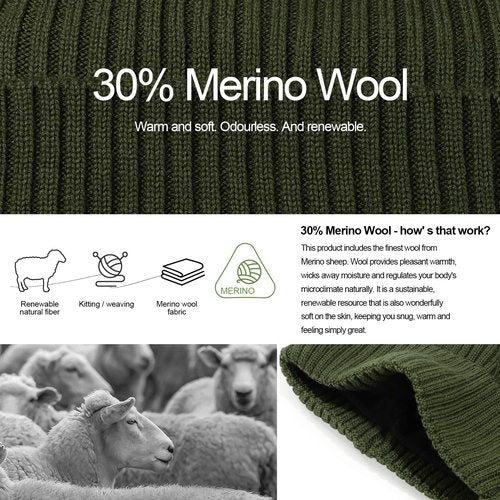 Oversize XL XXL Wool Beanie Hat for Men Big Head Merino Wool Knit Ski Skull Cap Large Size Winter Hats for Men Women Army Green