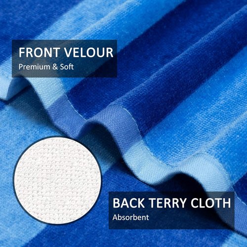 Cabana Large Beach Towel - Oversized Cotton Velour 35 x 70 Inch Blue Striped Pool Towel for Adults