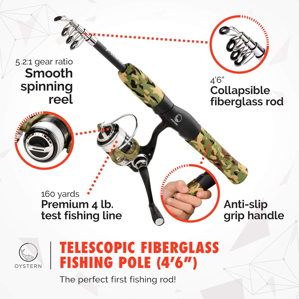 Skiennix Kid's Fishing Pole Kit | 62-Piece Tackle Bag & Beginner's Guide eBook - Portable Telescopic Rod