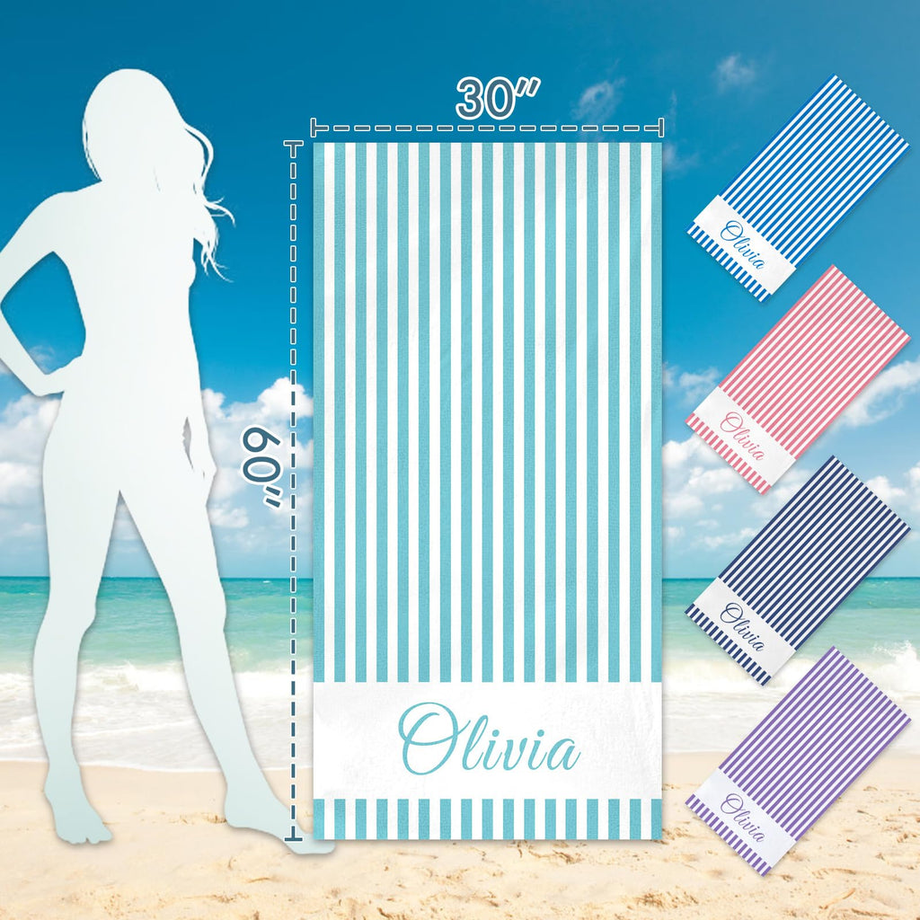 Dreamdecor Custom Beach Towel with Name Striped Kids Personalized Beach Towels for Swimming Pool Vacation Graduation Gifts Microfiber Sand Free Fast Drying Beach Towel for Adults Women Men