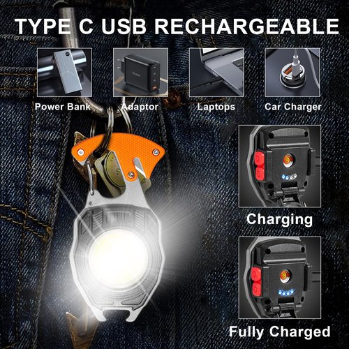 2 Pack Led Keychain Flashlight,2000 lumens Rechargeable Cob Waterproof Portable Led Work Light，5 Light Modes Pocket Light with Battery Display