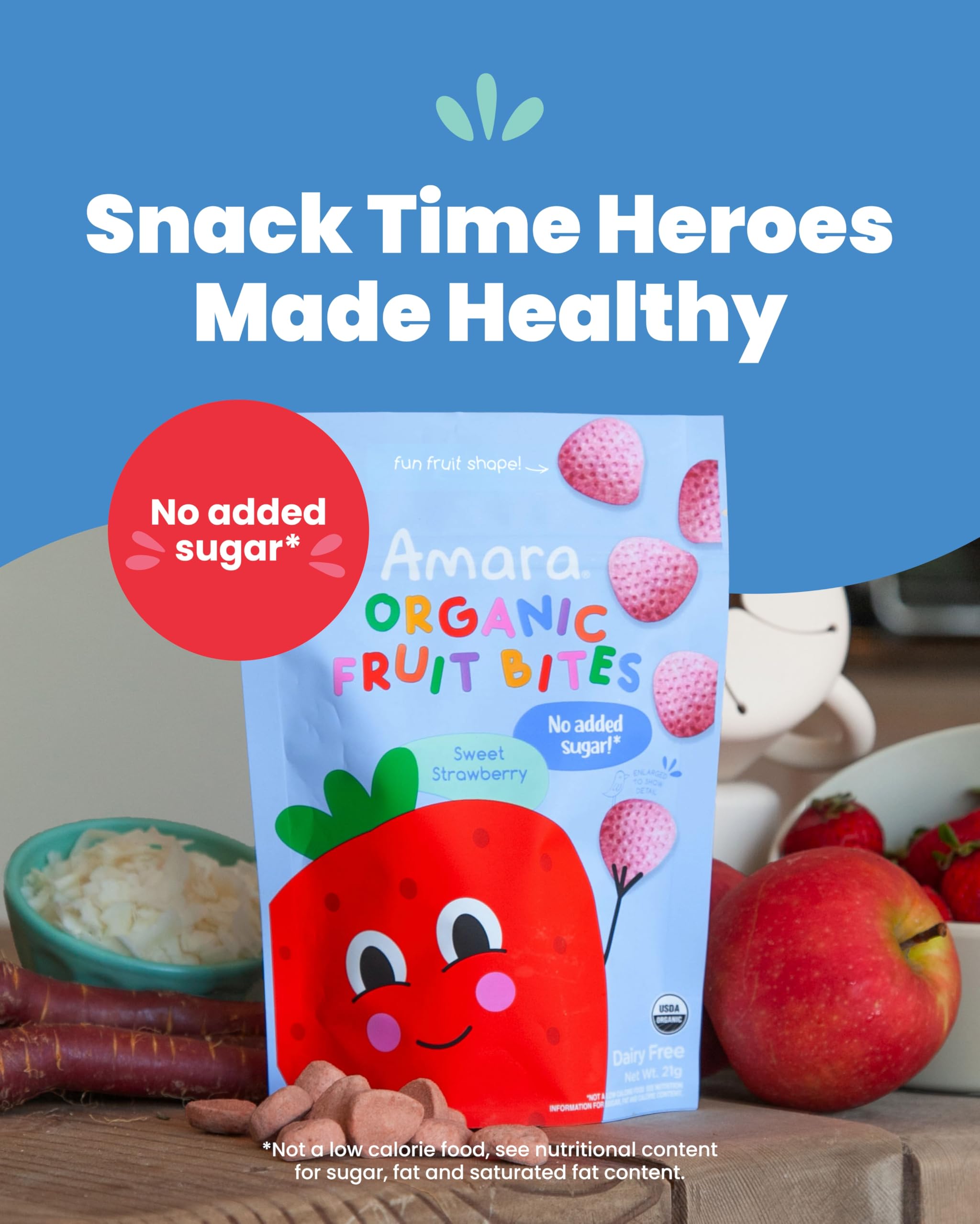 Amara Organic Fruit Bites Sweet Strawberry - No Added Sugar, Dairy-Free, Nut-Free Healthy Fruit Snacks, Made with Organic Whole Foods, Allergy-Friendly Healthy Fruit Snacks for Kids - 21g 6PK