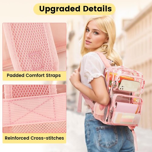 Vorspack Clear Backpack Heavy Duty - Large Clear Bookbag Transparent Backpacks See Through Backpack for College Work Travel Festival - Pink