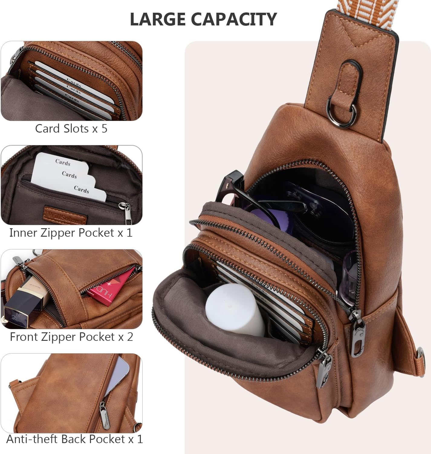 Skiennix Anti-Theft Sling Bag - Stylish PU Leather Crossbody Chest Pack for Women | Brown, Adjustable Strap