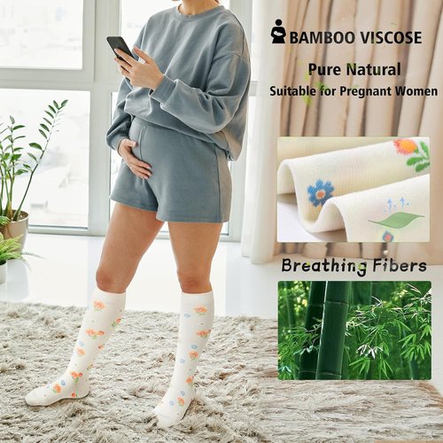 LEVSOX Bamboo Compression Socks - 20-30 mmHg Knee High Support for Pregnant Women | Cute Travel Design
