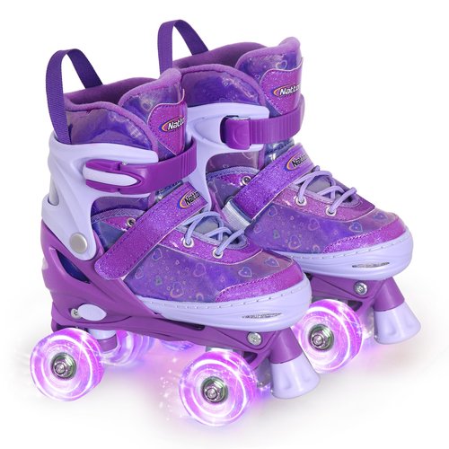 Nattork Kids Roller Skates for Girls Boys, Purple Hearts Quad Skates for Big Kids Age 7 8 9 10 - Adjustable Girls Roller Skates with All Light up Wheels - Birthday Gift for Indoor Outdoor Sports