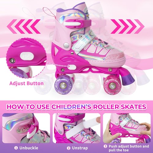 Nattork Roller Skates for Kids Boys Girls, 4 Size Adjustable Rollerskates with Light Up Wheels for Children Beginners for Outdoor Indoor Rosy