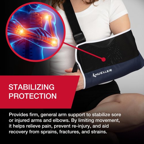 MUELLER Sports Medicine Adjustable Arm Sling - Comfortable Support for Left or Right Shoulder and Arm Injury, For Men and Women, Blue w/ Black Mesh, One Size Fits Most