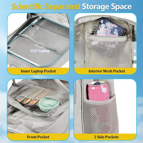 BrillaraSymn Heavy Duty Clear Backpack - Sturdy Transparent PVC Bookbag with Privacy Pocket | Grey