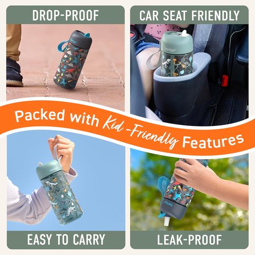 Bentgo Kids Water Bottle 2-Pack - Leak-Proof Tritan BPA-Free 15 oz Cups for Kids | Bite & Sip Spout, Dishwasher Safe (Dinosaur/Dino Fossils)