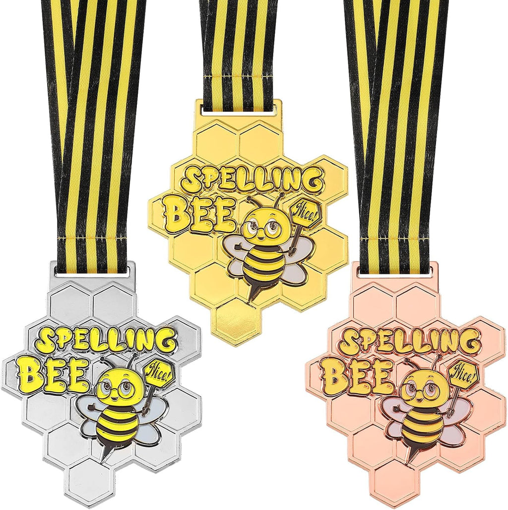 Remuuly Spelling Bee Honeycomb Medals - 1st, 2nd, 3rd Place Awards with Neck Ribbon | 3.2 x 2.8 Inches (Classic)