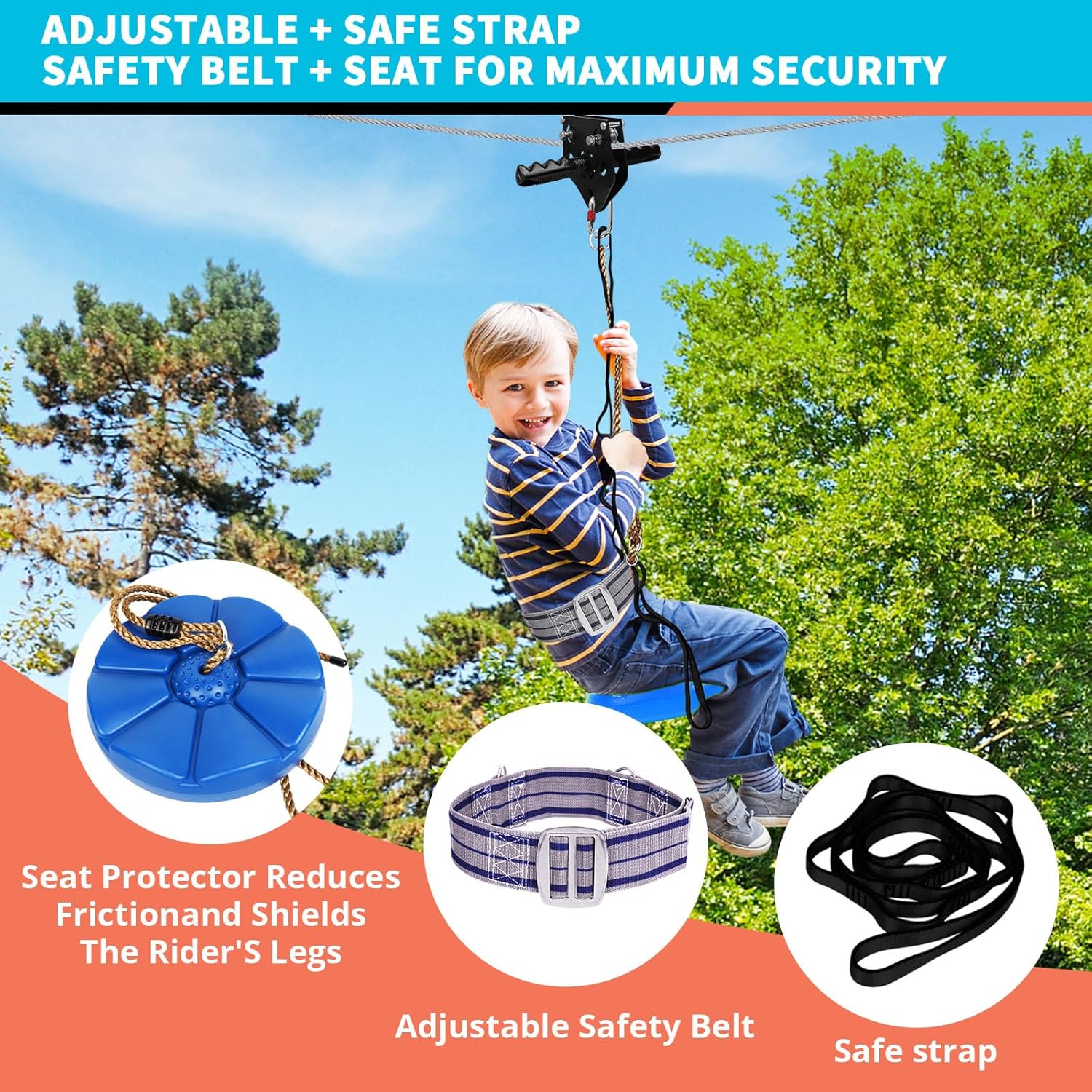 Zip Line Kit - 100FT/120FT/150FT/200FT for Kids & Adults | Up to 380Lbs Capacity with Rust-Proof Trolley & Spring Brake