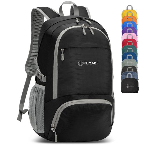ZOMAKE Lightweight Packable Backpack 30L, Foldable Hiking Backpacks Water Resistant Compact Folding Daypack for Travel(Pure Black)