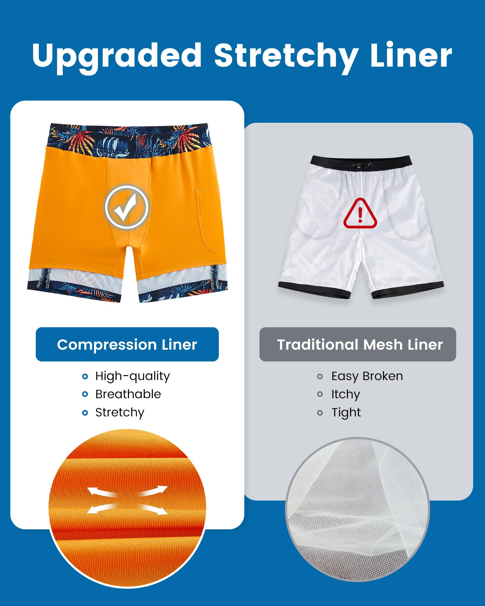 maamgic 2 in 1 Mens Swim Trunks 7 Inch Swim Shorts Swim Suits Board Shorts Palm Navy-Orange Small