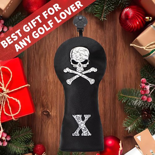 Golf Skull Skeleton Head Cover Golf Club Black Leather Headcovers Set Fits Driver Fairway Wood Hybrid Utility Putter Iron Wedge Headcover. (Hybrid)