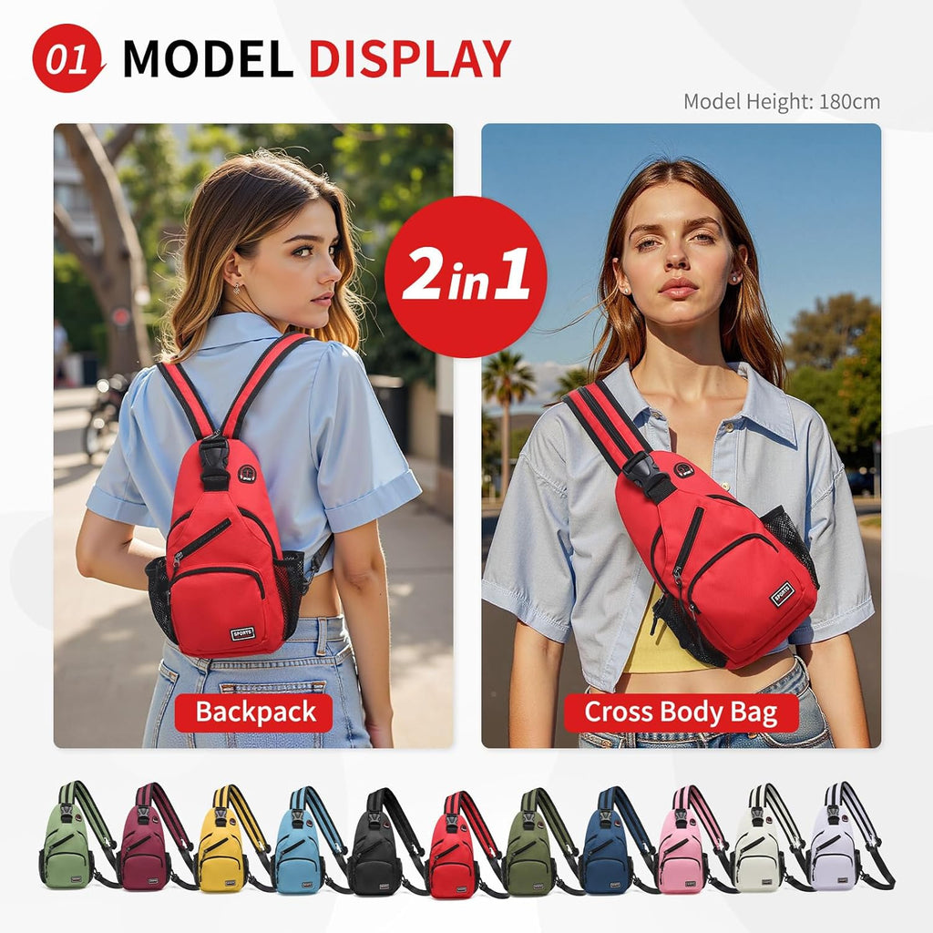 Skiennix Convertible Sling Bag - Lightweight Crossbody Backpack for 7.9" Tablet | Casual Travel & Hiking (Red)