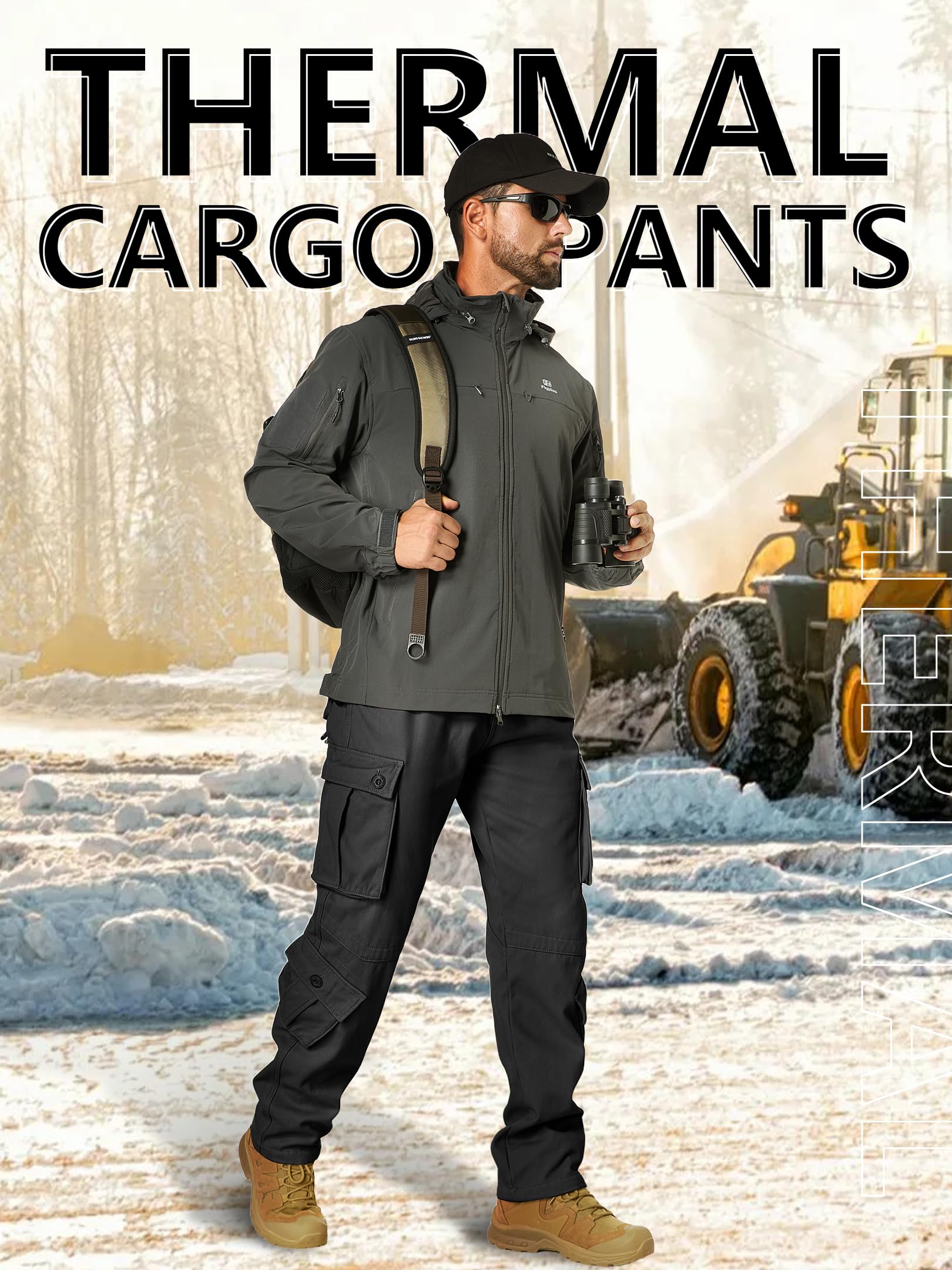Yevtzl Men's Fleece Lined Hiking Cargo Pants, Snow Ski Winter Insulated Work Pants Mens Tactical Pant for Camping Safari with Pocket (US, Numeric, 34, Regular, Regular, Black)