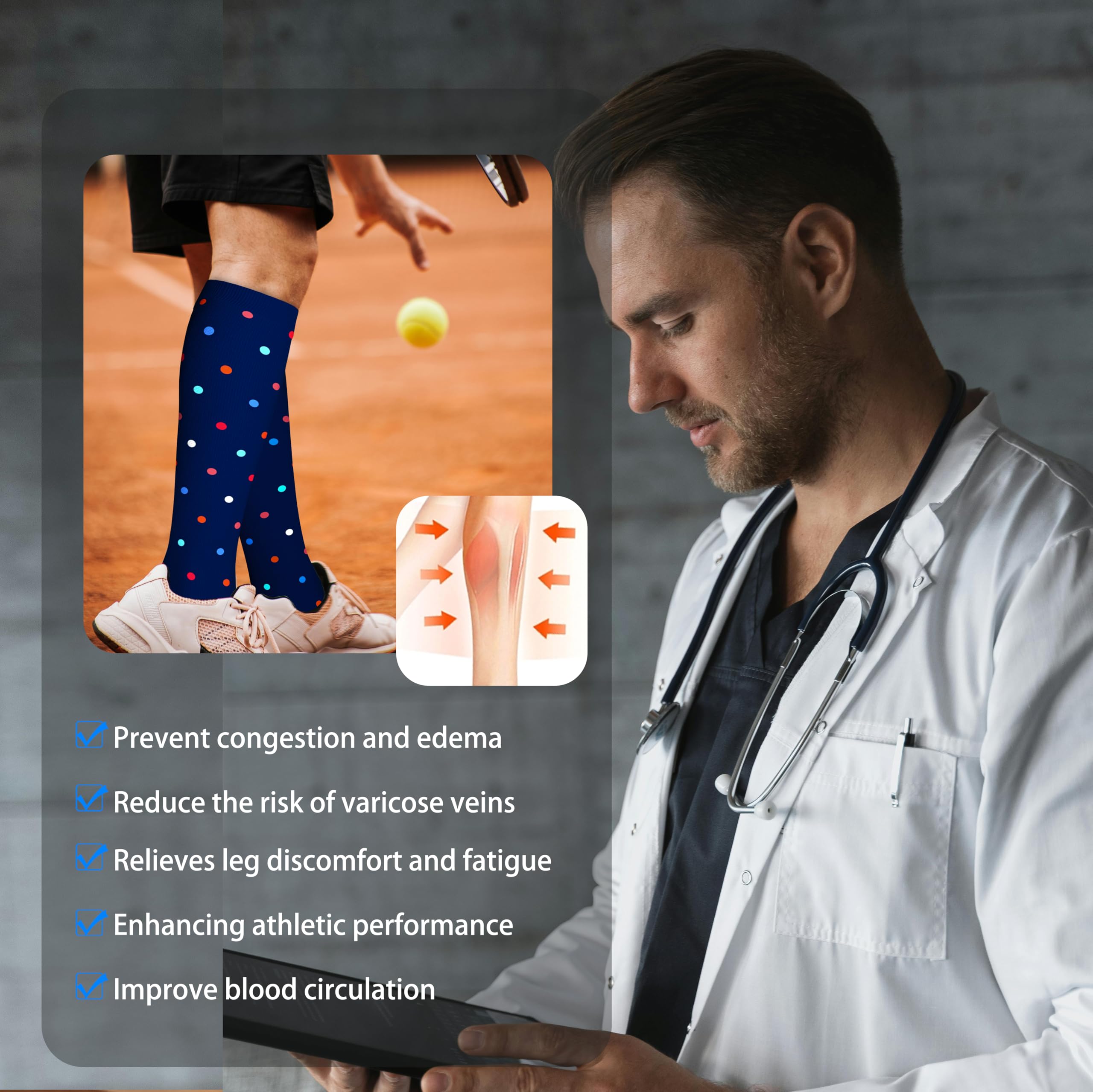 LEVSOX Cotton Compression Socks for Women&Men 20-30 mmHg Knee High Cute Fun Crazy Support Sock for Nurses, Travel and Flight, Pregnancy, 2 Pairs, Black and Navy Blue Polkadot